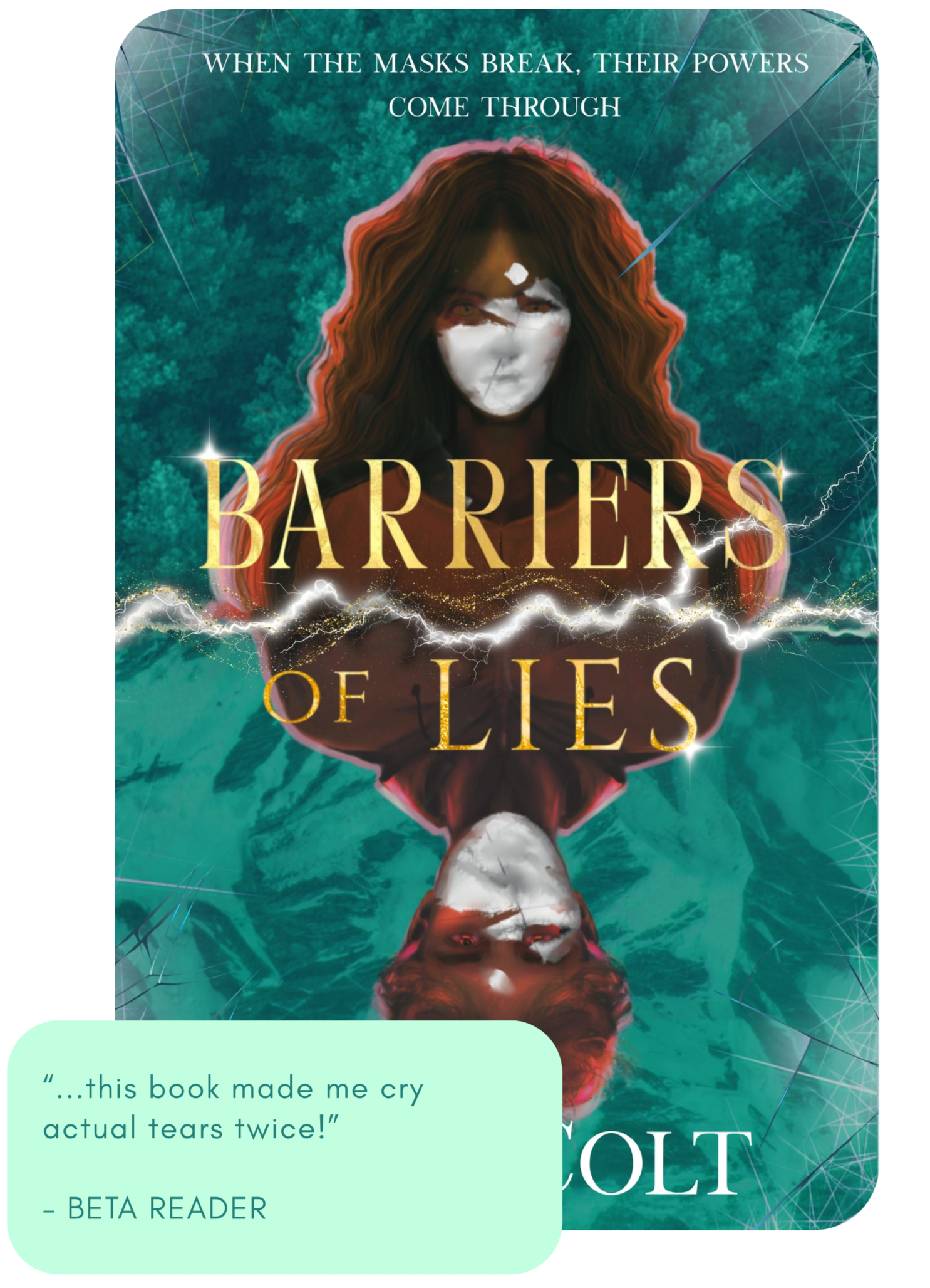 Hero book A book cover with a female and male character, one opposite the other, with title Barriers of Lies by A. H. Colt. A quote from a Beta Reader says "This book made me cry actual tears twice."