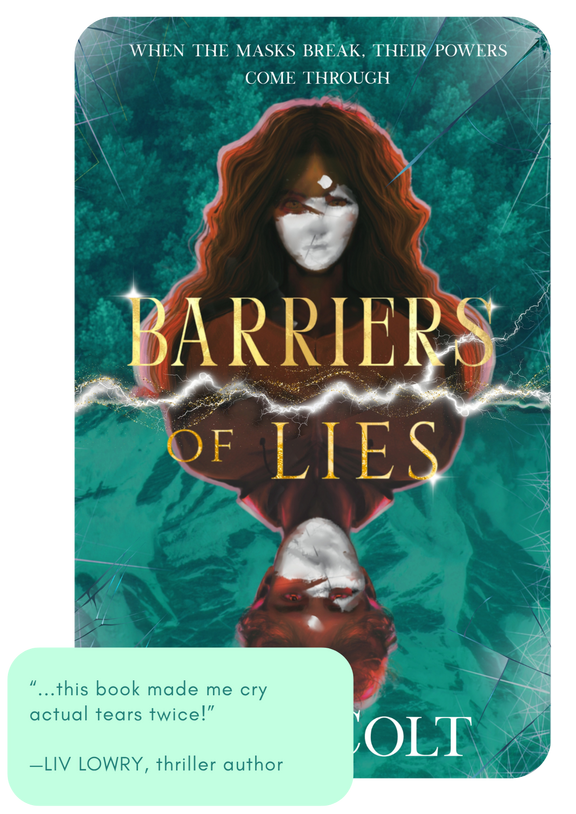 Hero book A book cover with a female and male character, one opposite the other, with title Barriers of Lies by A. H. Colt. A quote from a Beta Reader says "This book made me cry actual tears twice."